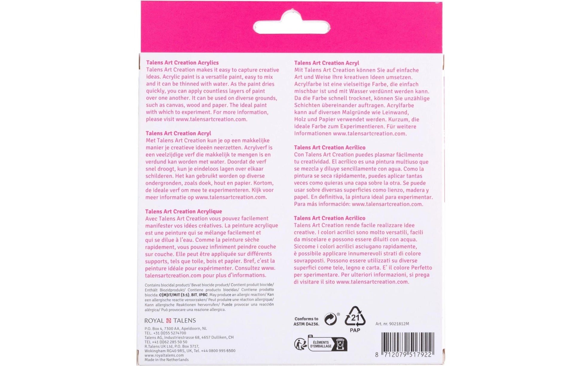 Talens Acrylfarbe – Mehrfarbig, Wasserfest – 12 Farben, 12×12 ml (144 ml) – für Papier, Stein, Holz