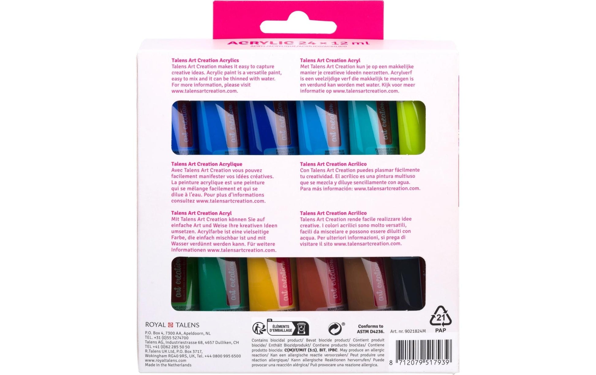Talens Acrylfarbe – 24 Farben (24×12 ml) – Mehrfarbig, Wasserfest – für Papier, Leinwand, Holz