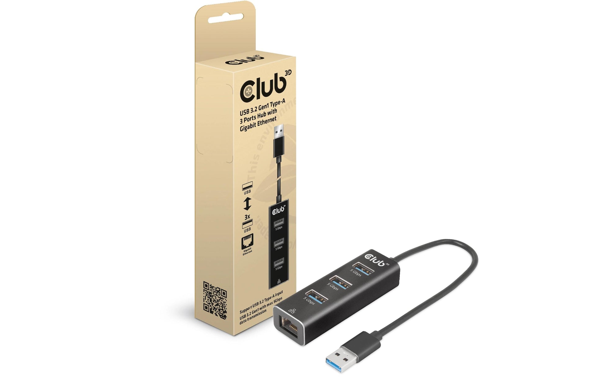 CLUB3D Club 3D CSV-1430a USB-Hub – USB 3.2 Gen 1, 3× USB-A, GbE