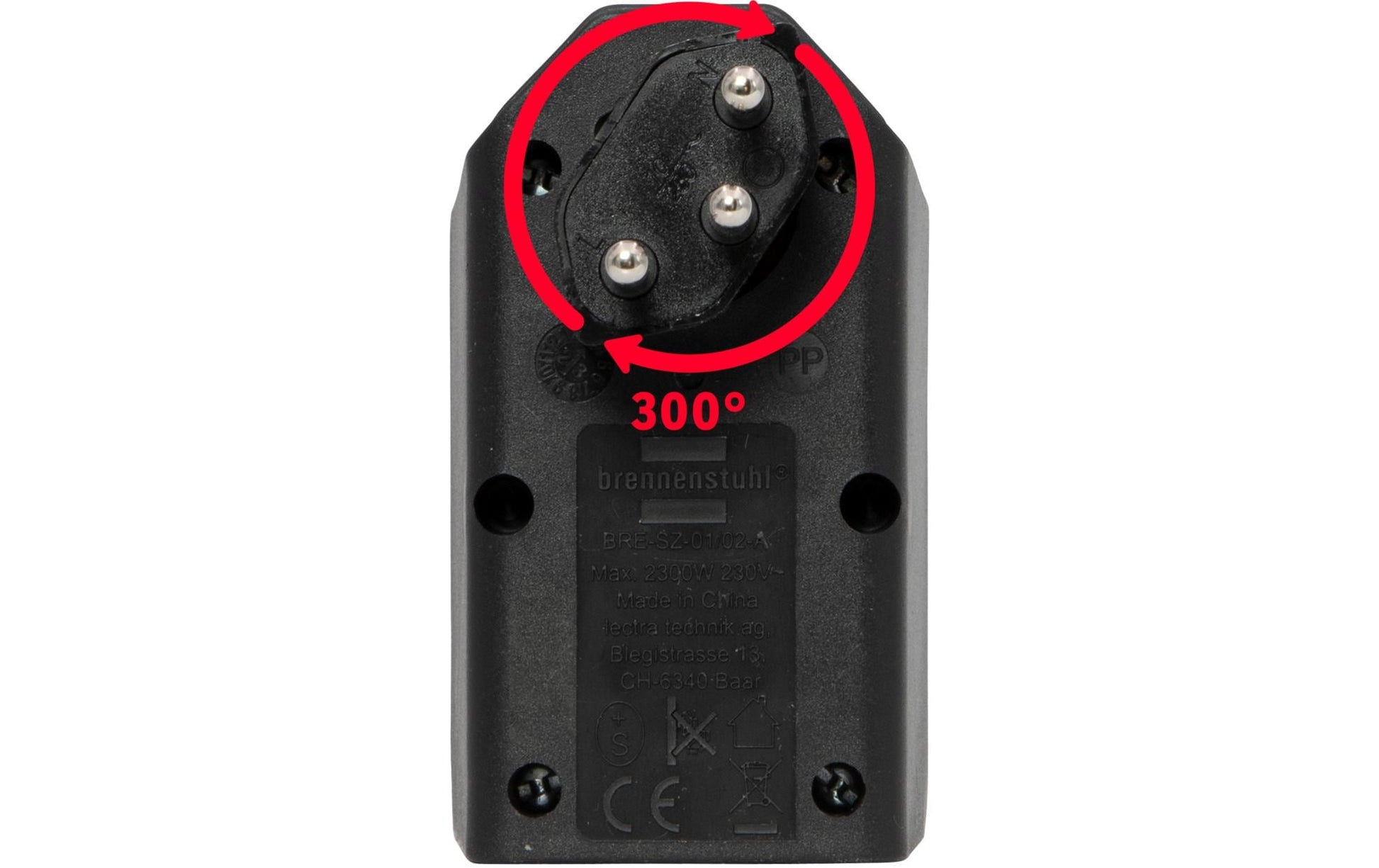 Brennenstuhl 2-fach drehbarer Abzweigstecker 300° – T12 zu T13, 230 V, 10 A – Schwarz
