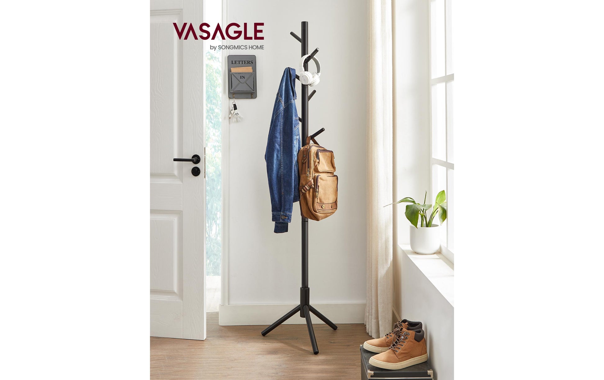 Vasagle Garderobenständer – 8 Haken, Gummibaumholz/Kautschuk, Schwarz, 47 × 47 × 175 cm
