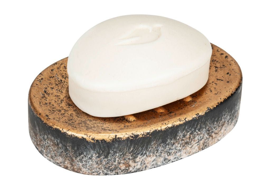 Wenko Seifenschale Lacona – 12×2,6×8,3 cm, Beton, Schwarz/Gold (oval)