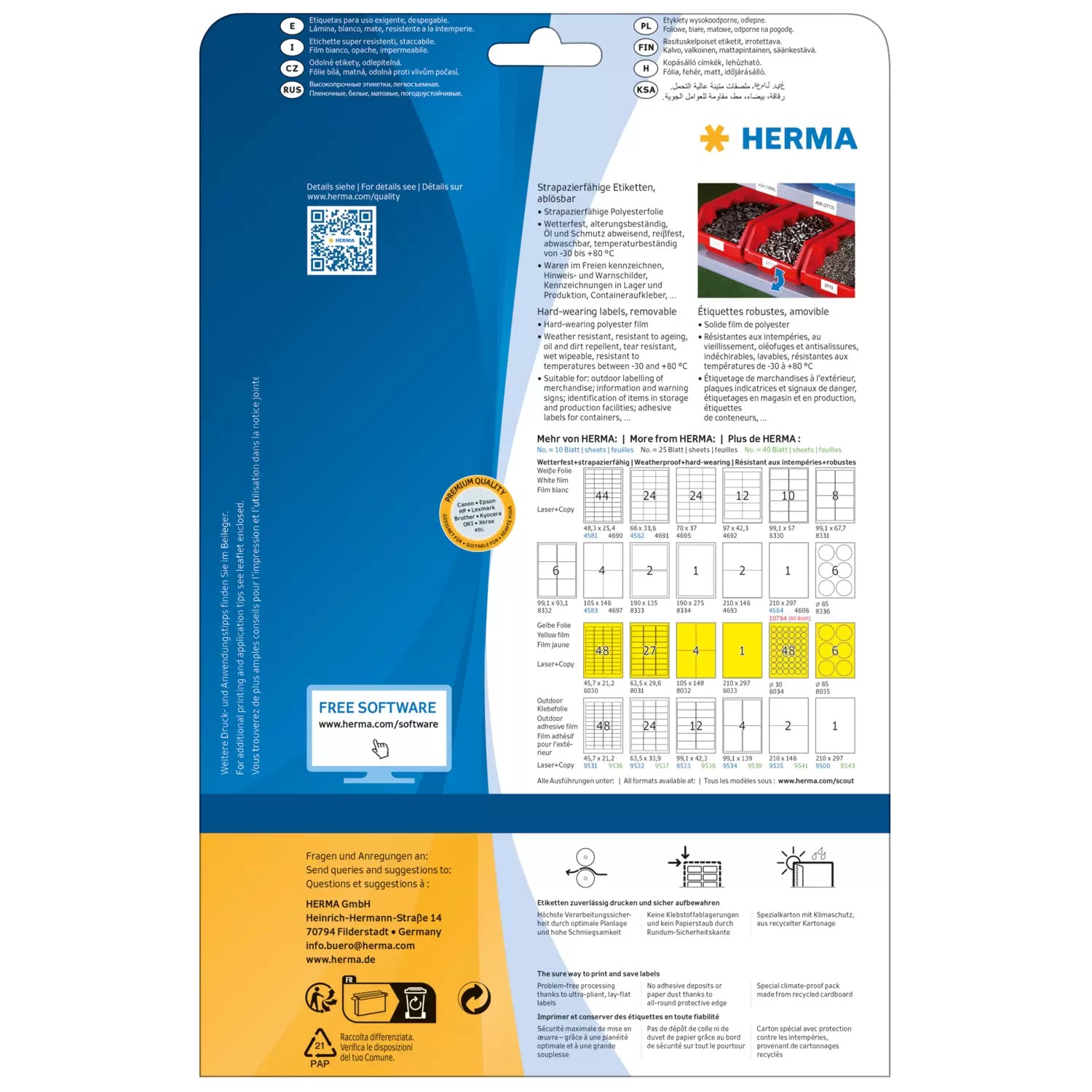 HERMA Folienetiketten, 66 mm × 33,8 mm, weiss, Folie, extra stark, Packung 20 Blatt (480 Etiketten)