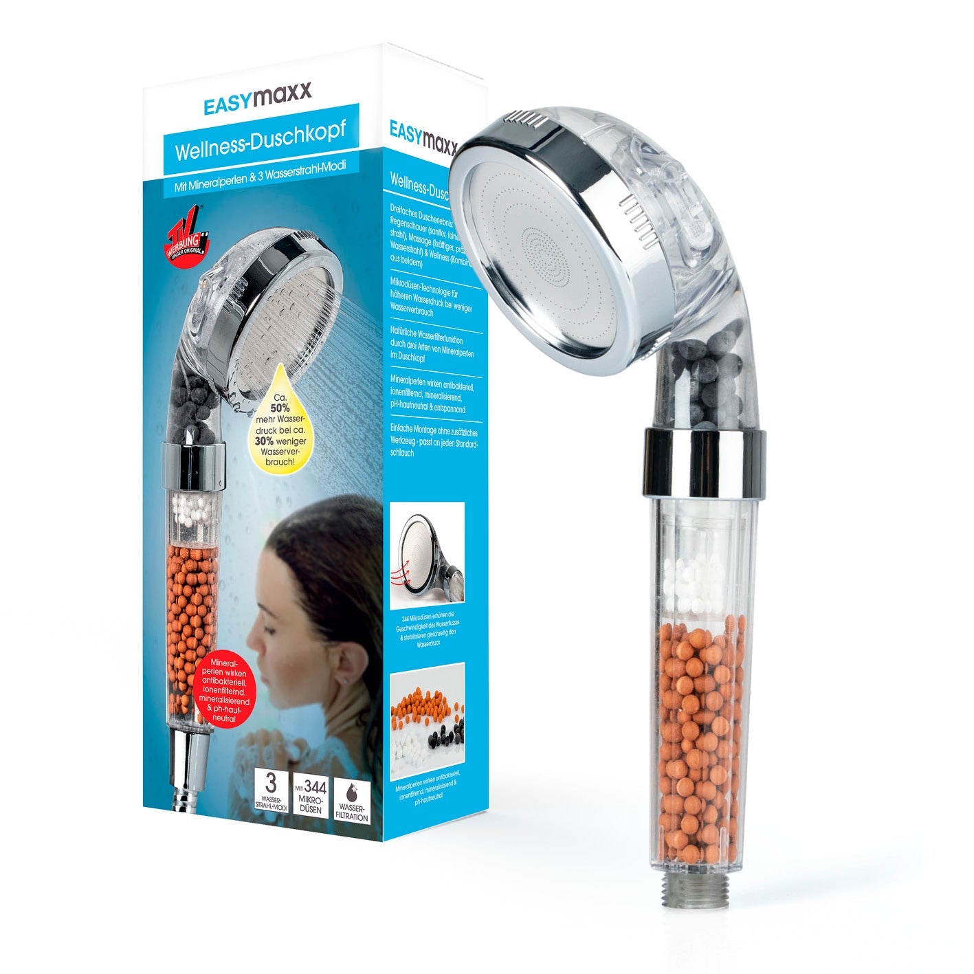 EASYmaxx Handbrause Spa 3in1 – 8×23.8×9 cm, ABS, Edelstahl, für Anschlüsse G1/2, Chrom