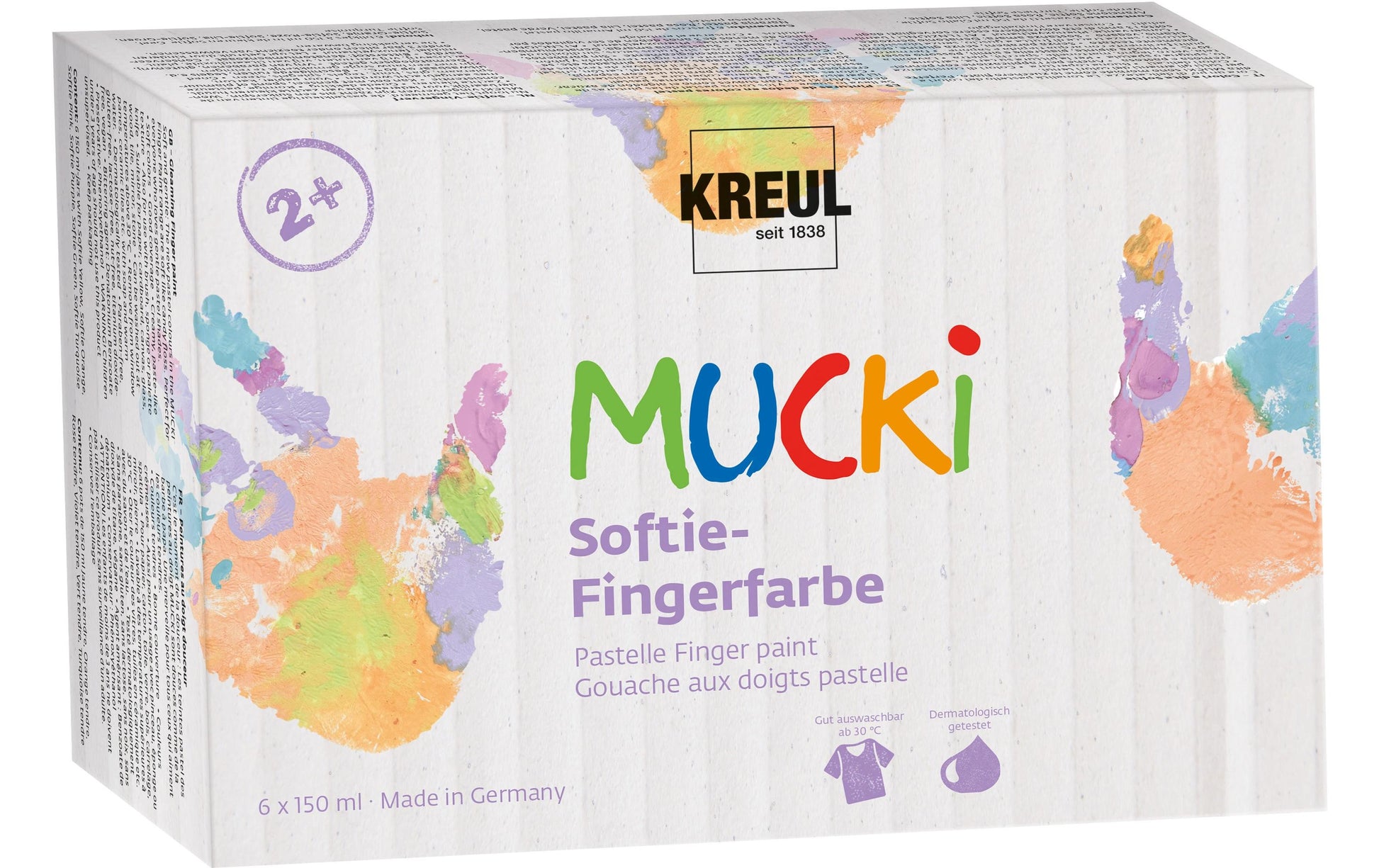 KREUL Softie MUCKI Fingerfarbe – 6 Farben – 6×150 ml (900 ml) – für Papier, Glas, Holz