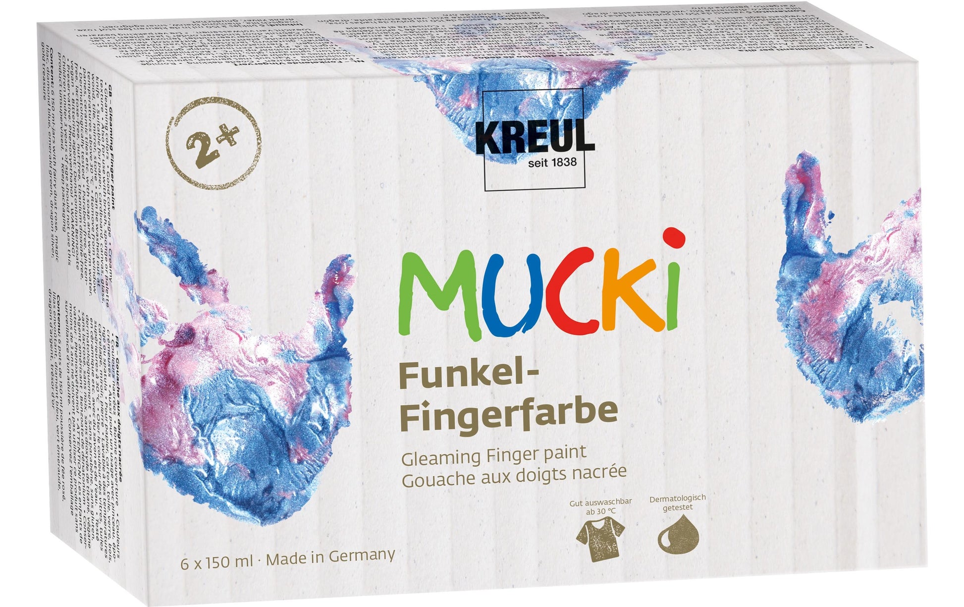 KREUL MUCKI Fingerfarben – Mehrfarbig, Glitter – 6 Farben – 6×150 ml (900 ml) – für Papier, Glas, Holz