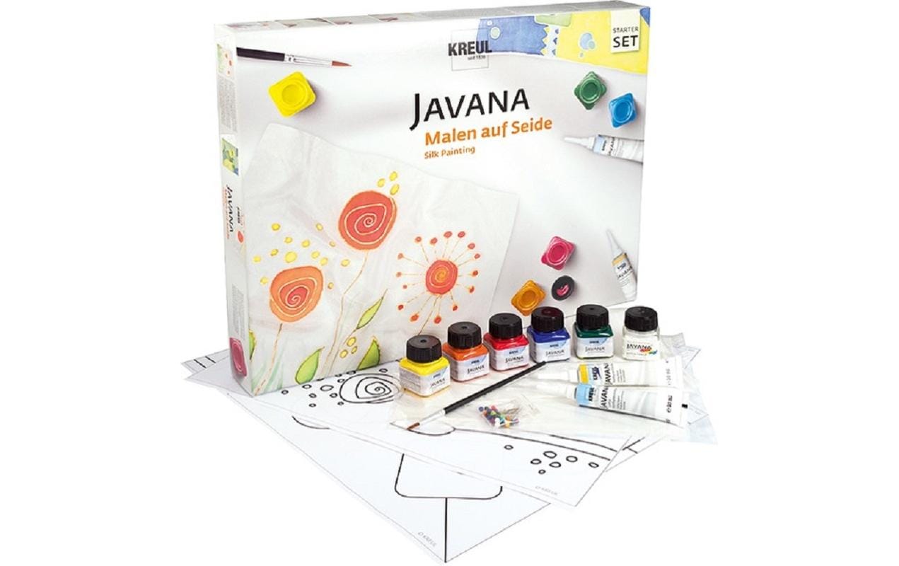KREUL JAVANA Seidenmalkasten Textilfarbe – 5 Farben (5×20 ml), Kontur Gold 20 ml – 2 Seidenzuschnitte