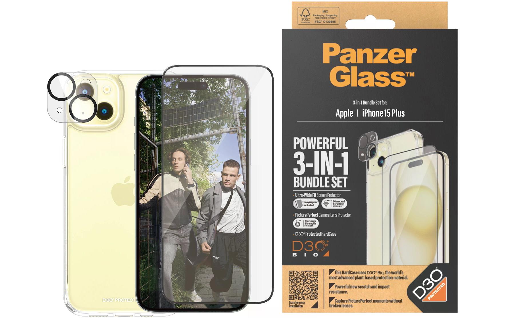 PanzerGlass Schutz-Set 3-in-1 – für Apple iPhone 15 Plus, Hartglas, Folie, Silikon, Transparent