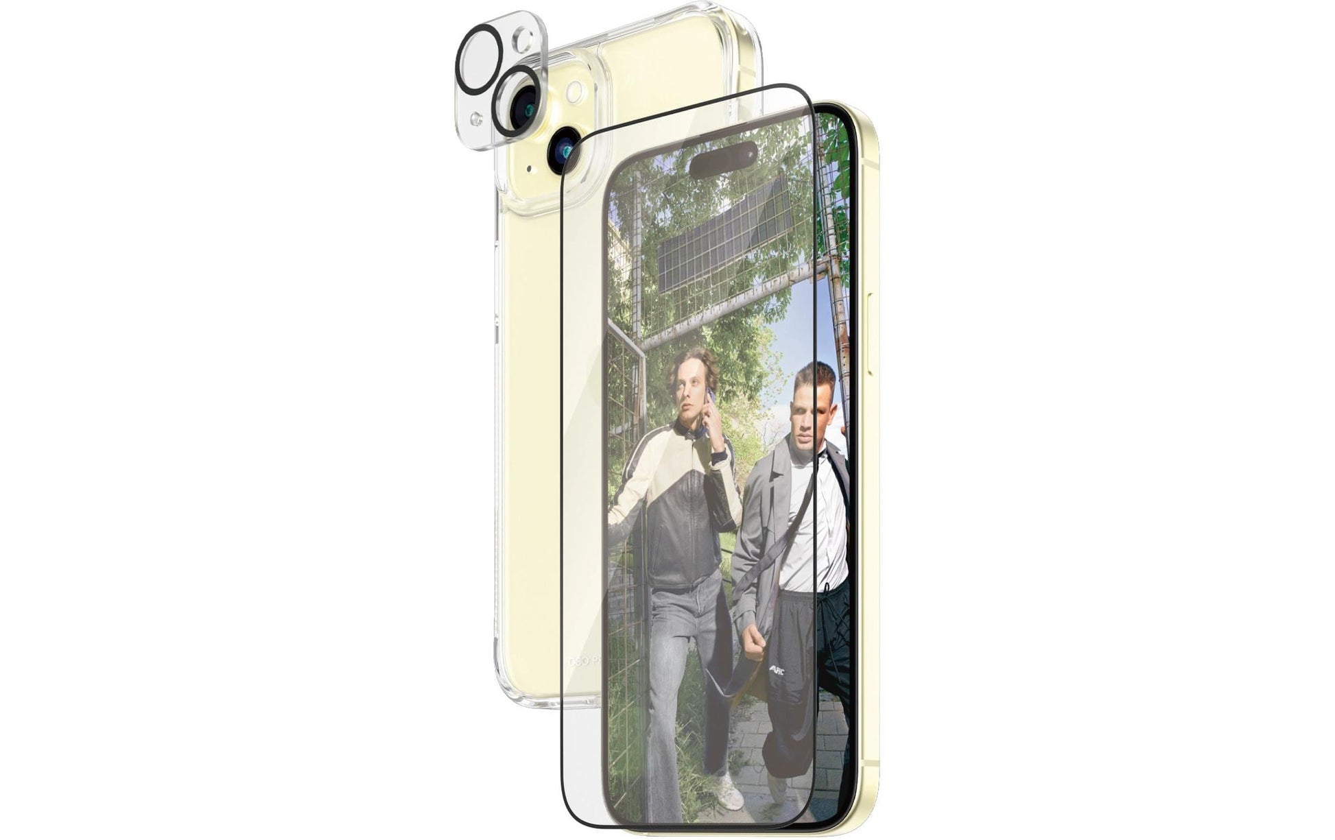 PanzerGlass Schutz-Set 3-in-1 – für Apple iPhone 15 Plus, Hartglas, Folie, Silikon, Transparent