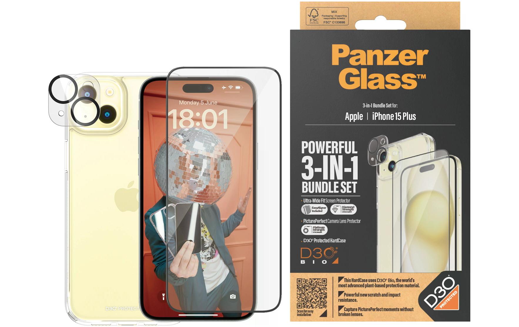 PanzerGlass Schutz-Set 3-in-1 – für Apple iPhone 15 Plus, Hartglas, Folie, Silikon, Transparent