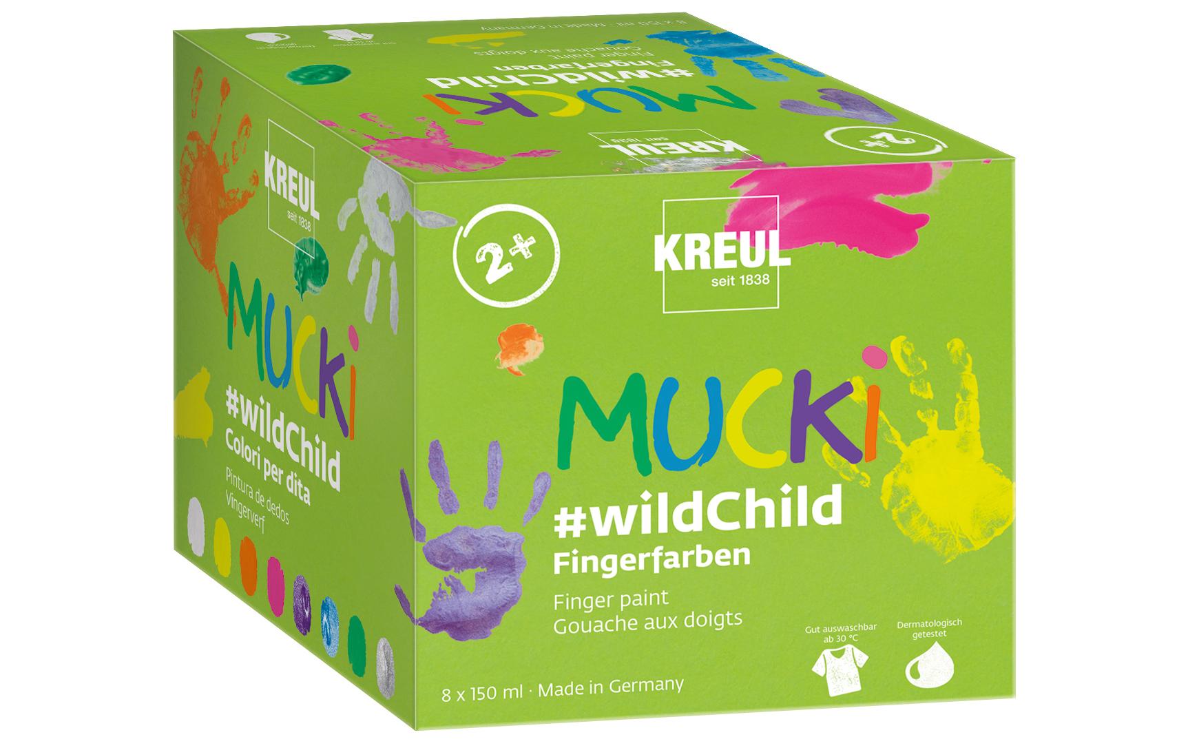 KREUL MUCKI Fingerfarben – 8 Farben – für Papier, Glas, Holz
