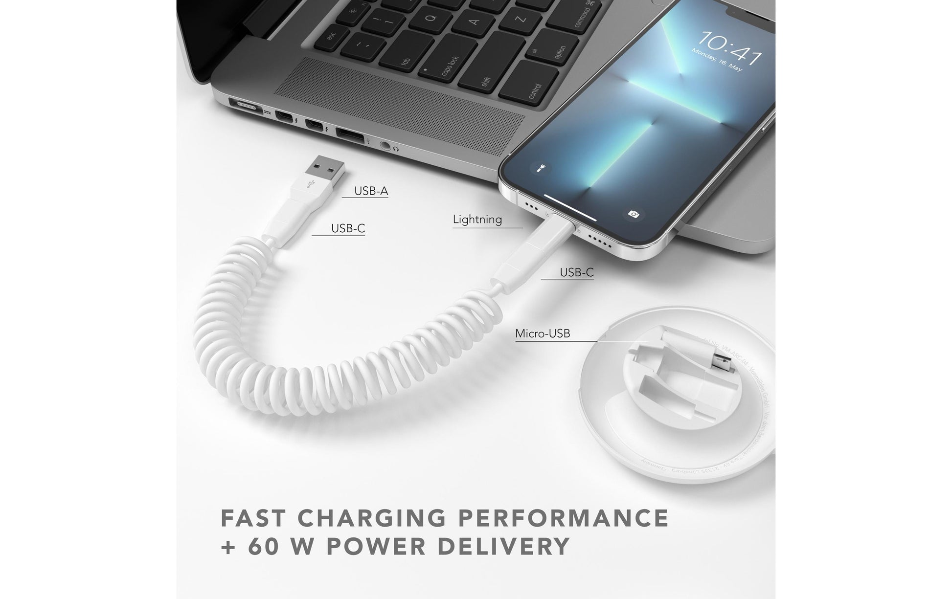 Vonmählen USB-C auf USB-C Kabel – USB 2.0 (480 Mbit/s) – 0,9 m – Spiralkabel – Weiss