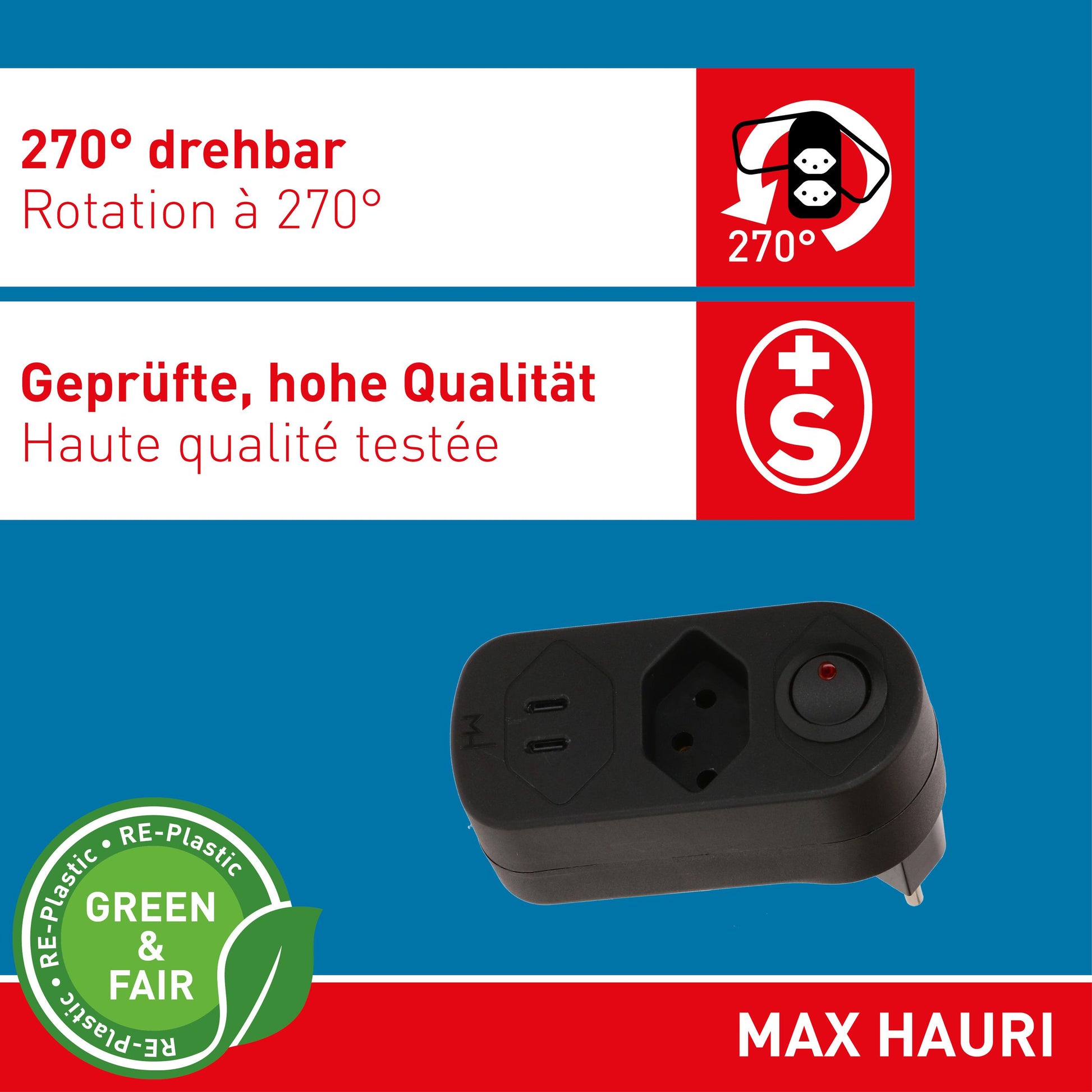 Max Hauri AG Max Hauri ADAPT Abzweigstecker 1×T13 – USB‑C×2, PD 20 W – T12 Eingangsstecker (abgewinkelt) – schwarz