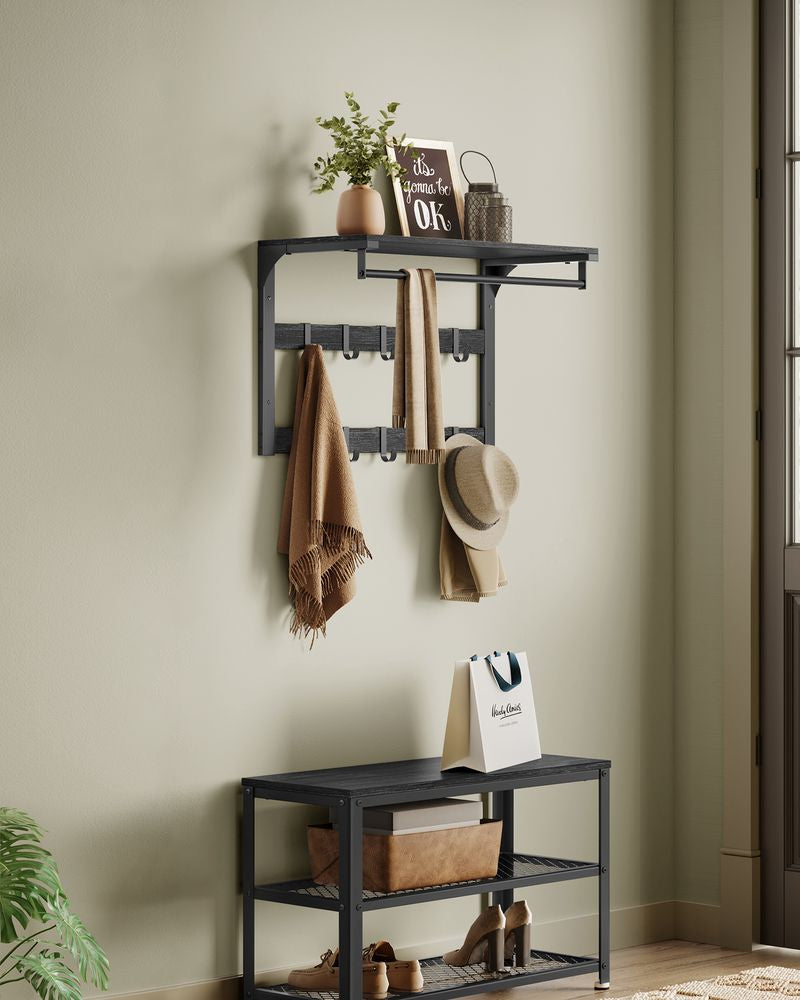 Vasagle Wandgarderobe – 10 Haken, mit Ablage, Stahl/Spanplatte, Schwarz, 65 × 30 × 42 cm