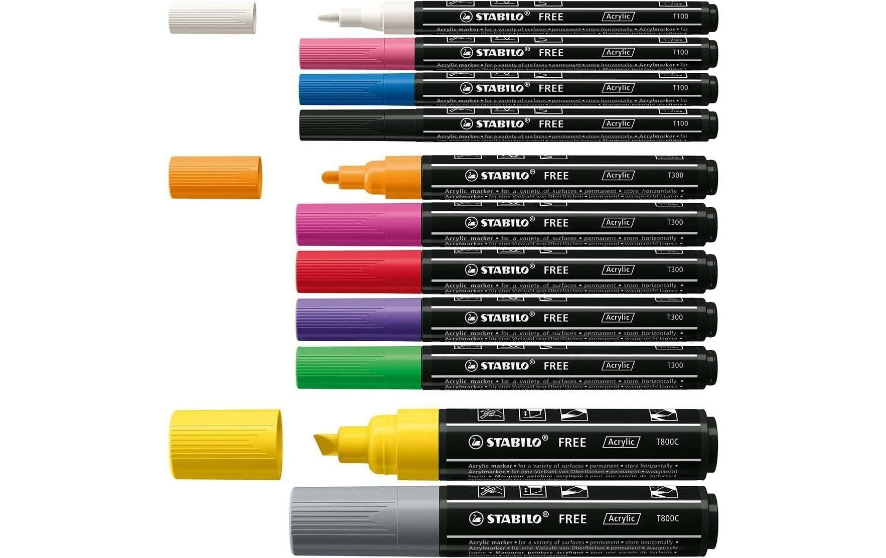 STABILO FREE Acrylmarker – 3 mm – mehrfarbig, 11er-Set, für Stein