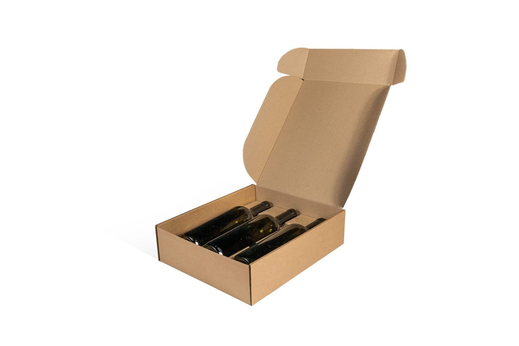 Brieger Weinpräsentkarton braun mit Aufdruck – Innenmass 281 × 91 × 346 mm – für 3 Flaschen – 1 Stk.
