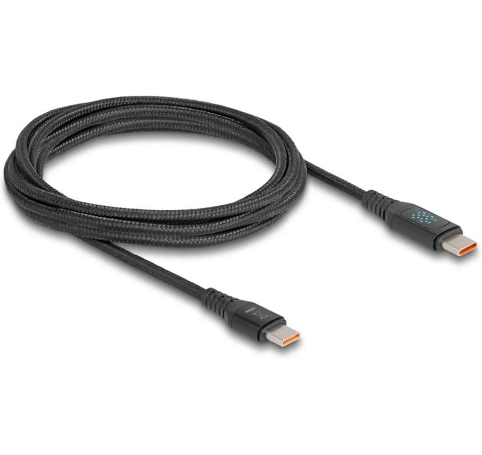DeLOCK USB-C auf USB-C Kabel – USB 2.0 (480 Mbit/s) – 1,2 m – PD 140 W – Textilmantel, LED-Display – Schwarz