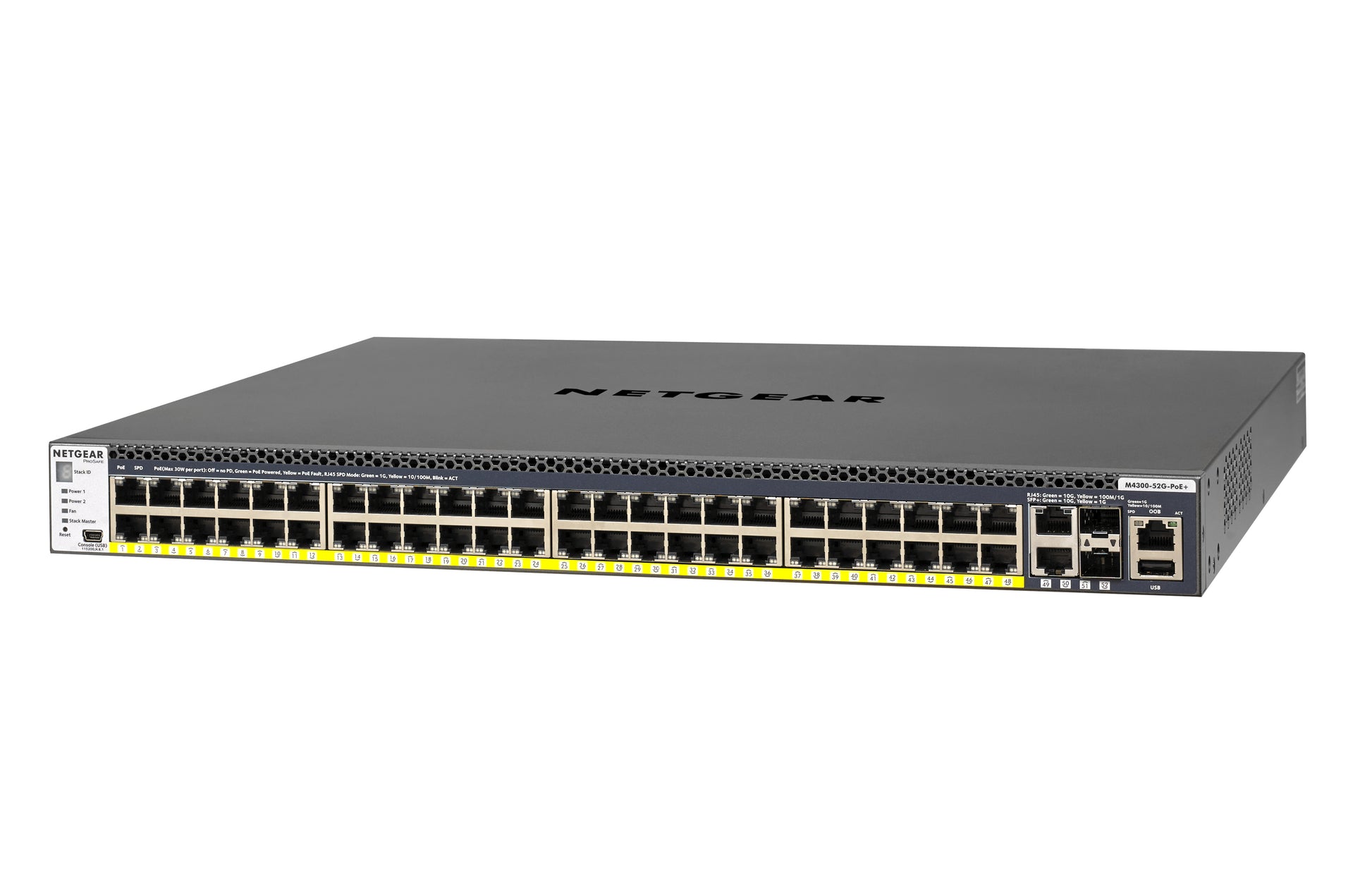 NETGEAR M4300-52G-PoE+ – Managed Switch – 48×GbE, 2×SFP+, L2+/L3, PoE+ 591 W, 1U