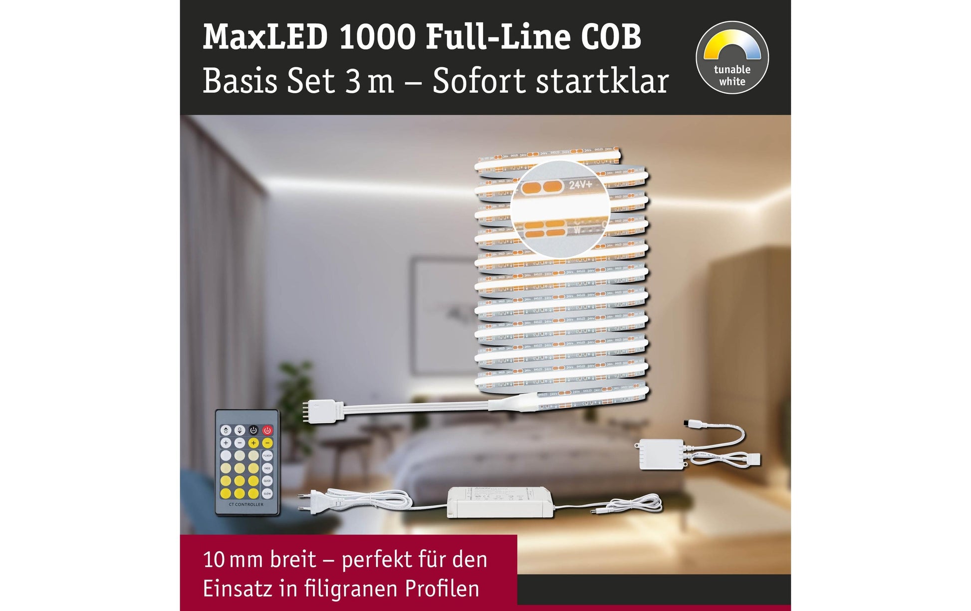 Paulmann LED-Strip MaxLED 1000 Full-Line COB – Basisset, 3 m, 3600 lm, 31 W, 2700–6500 K, dimmbar, silber, mitgeliefert