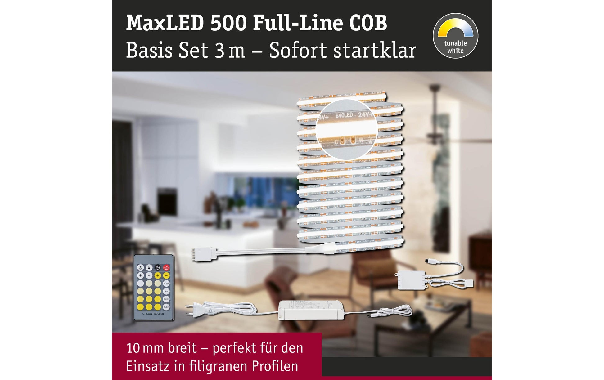 Paulmann LED-Strip MaxLED 500 – Basisset, 3 m, 1800 lm, 15 W, 2700–6500 K, dimmbar, silber, Netzteil, Fernbedienung