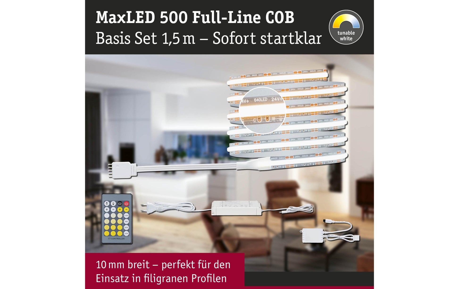 Paulmann LED-Strip MaxLED 500 – Basisset, 1,5 m, 900 lm, 11 W, 2700–6500 K, dimmbar, silber, inkl. Netzteil
