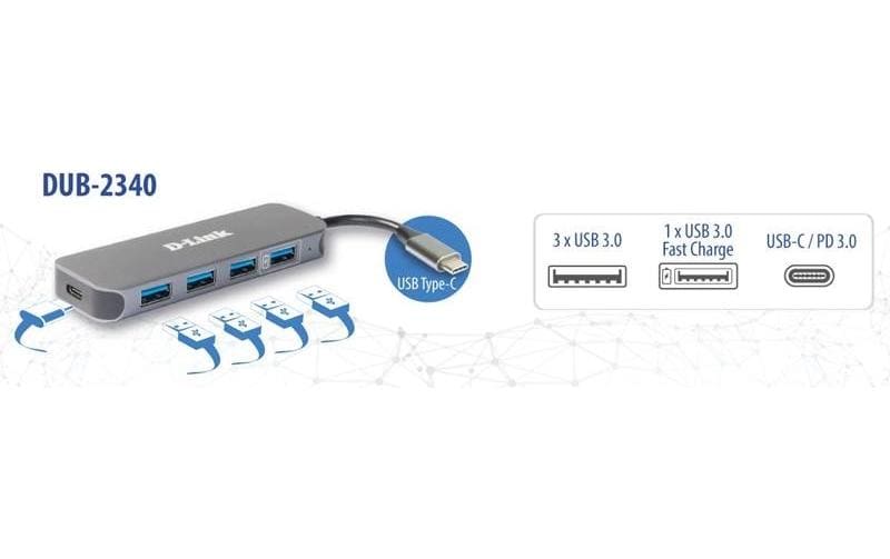 D-Link DUB-2340 USB-Hub – USB-C, 4× USB-A, 1× USB-C, 60 W PD, für Windows/Mac/ChromeOS