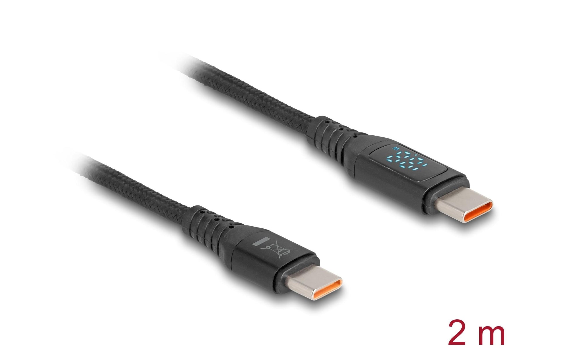 DeLOCK USB-C auf USB-C Kabel – USB 2.0 (480 Mbit/s) – 1,2 m – PD 140 W – Textilmantel, LED-Display – Schwarz