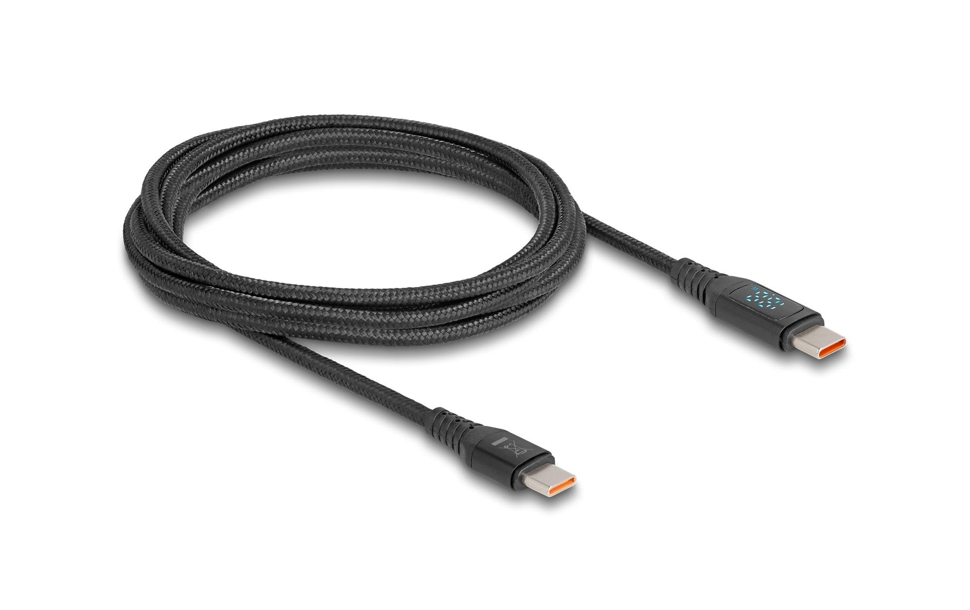 DeLOCK USB-C auf USB-C Kabel – USB 2.0 (480 Mbit/s) – 1,2 m – PD 140 W – Textilmantel, LED-Display – Schwarz
