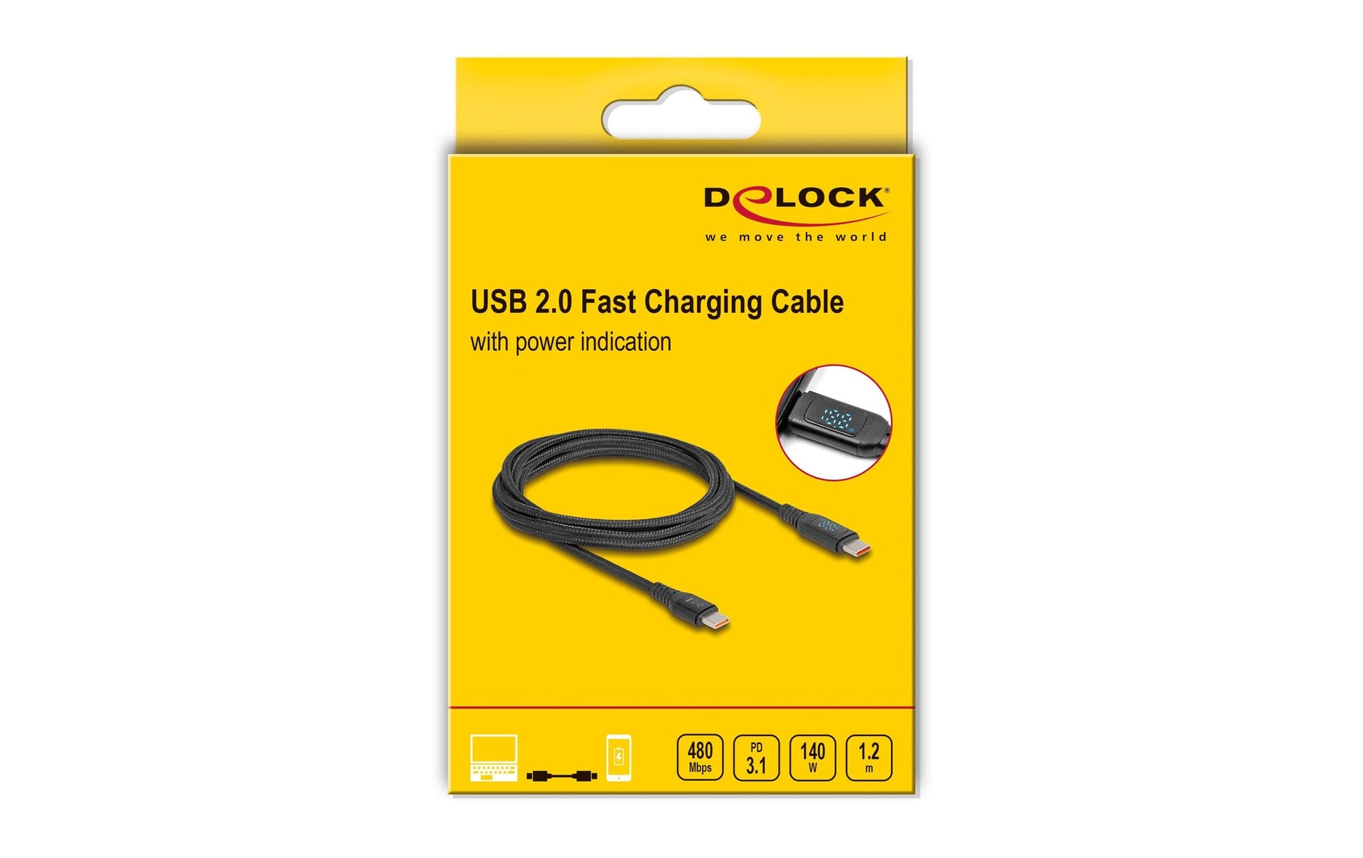 DeLOCK USB-C auf USB-C Kabel – USB 2.0 (480 Mbit/s) – 1,2 m – PD 140 W – Textilmantel, LED-Display – Schwarz