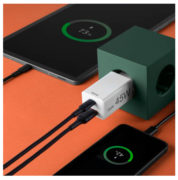 Hama 00201993 USB-Ladegerät 45 W – USB-C×1, USB-A×1 – PD, QC 3.0 – GaN, EU-Stecker (Typ C), Weiss