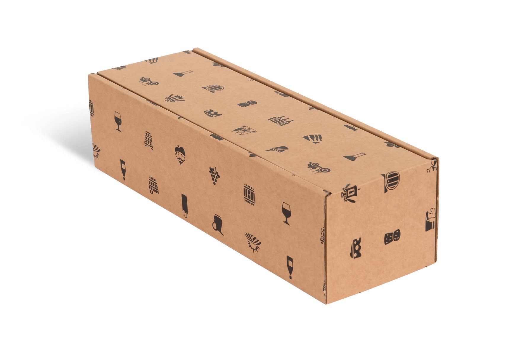 Brieger Weinpräsentkarton braun mit Aufdruck – Innenmass 99 × 344 × 91 mm – für 1 Flasche – mit Einlage