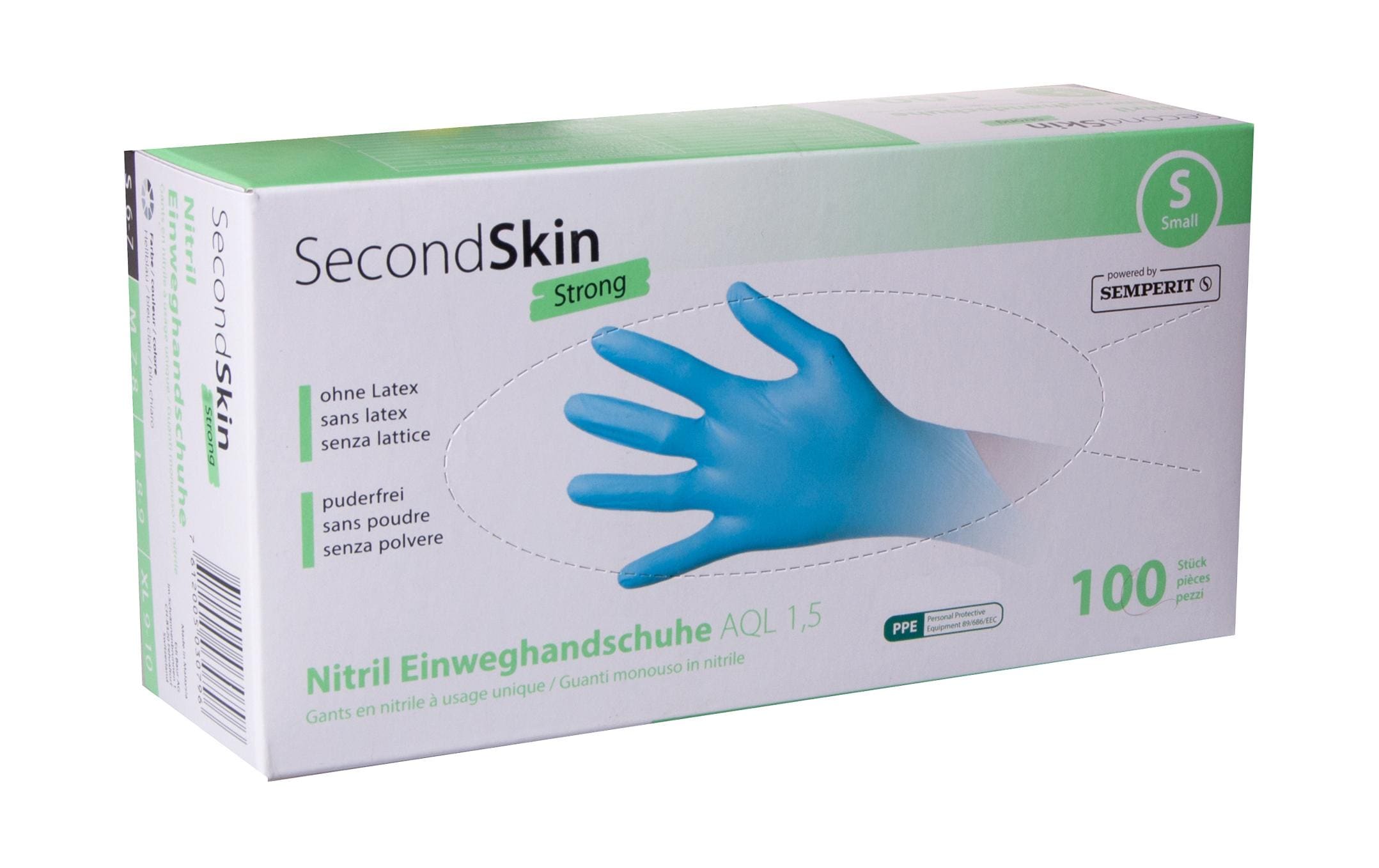 Secondskin Einweghandschuhe Nitril – S, 100 Stück – Blau, EN 420, EN 455, EN ISO 374-1/4/5, ASTM D6319