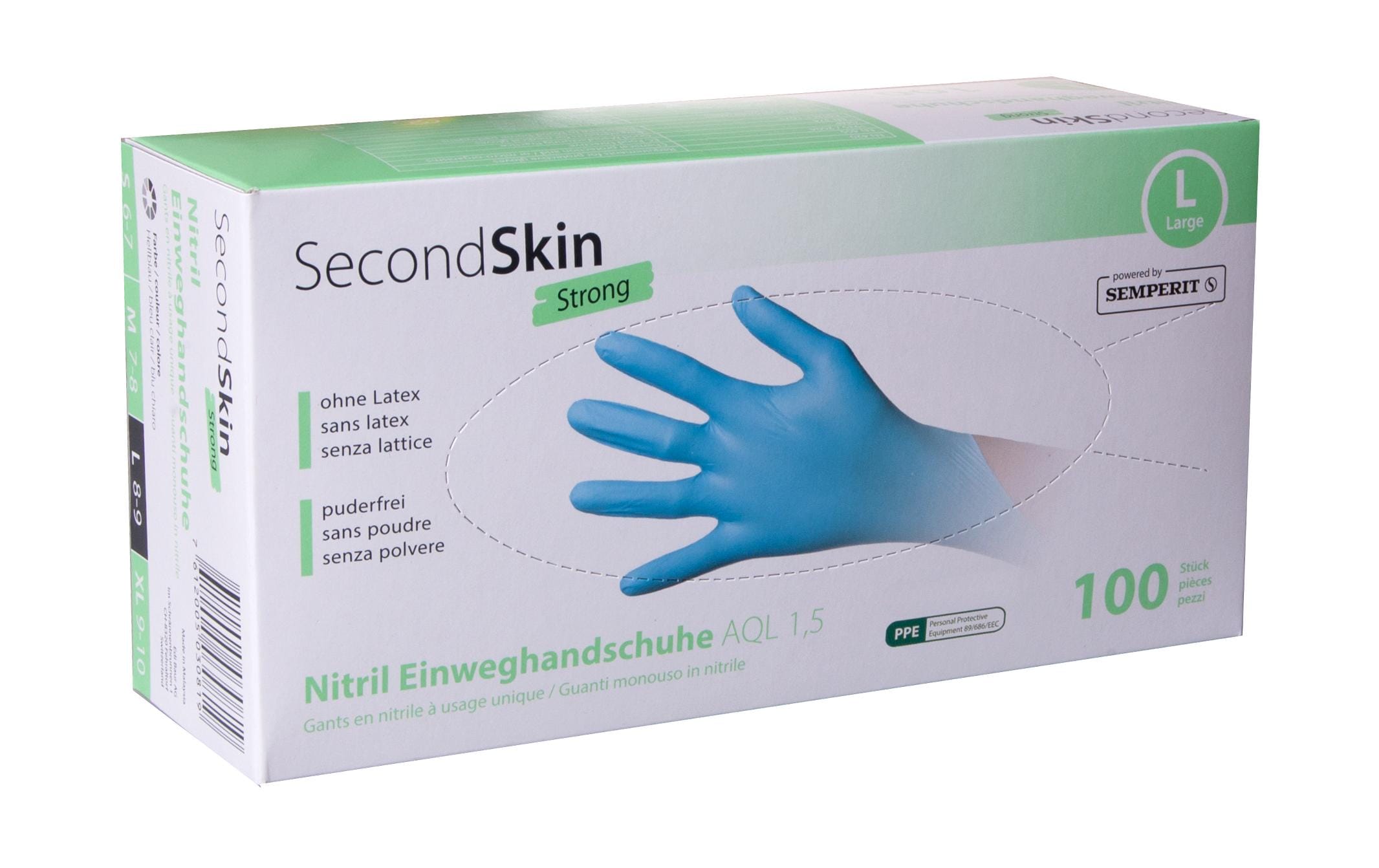 Secondskin Einweghandschuhe Nitril – L – Blau, EN 420, EN ISO 374-1/4/5, ASTM D6319