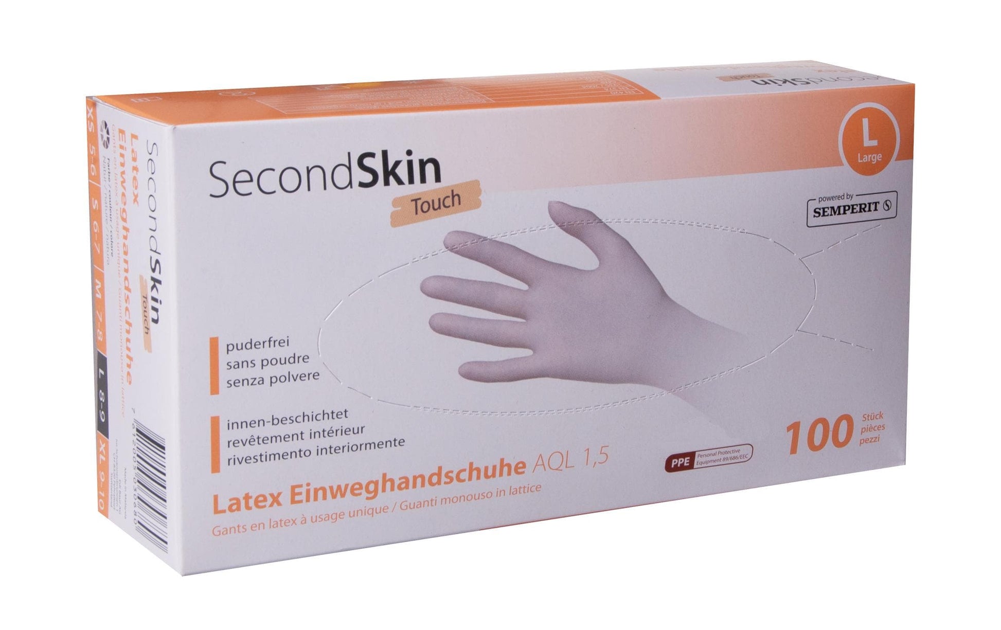 Secondskin Einweghandschuhe Latex, puderfrei – L, 100 Stück – Beige
