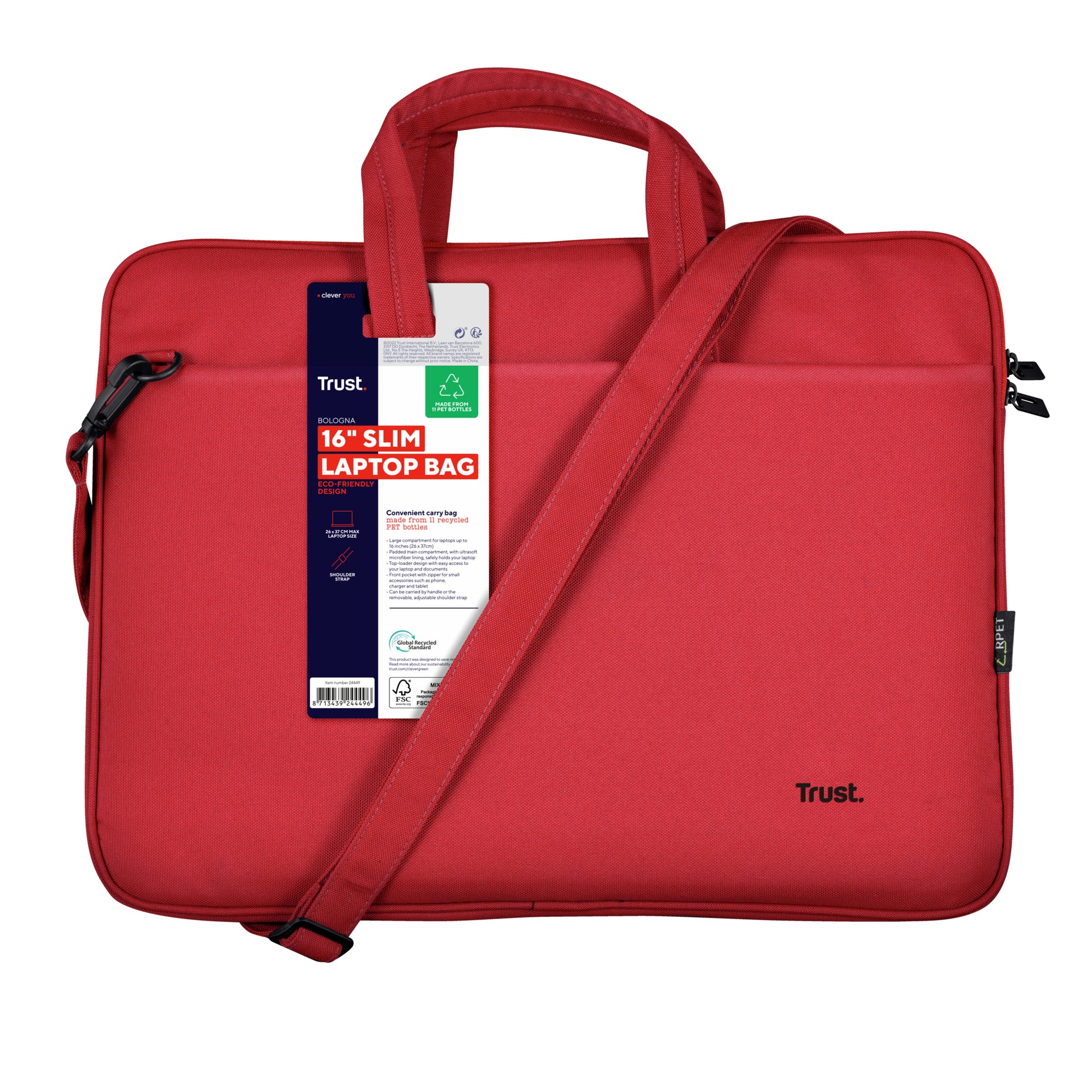 Trust Notebook-Tasche für Notebooks bis 16" – Aus recyceltem PET, Trolley-Band – Rot