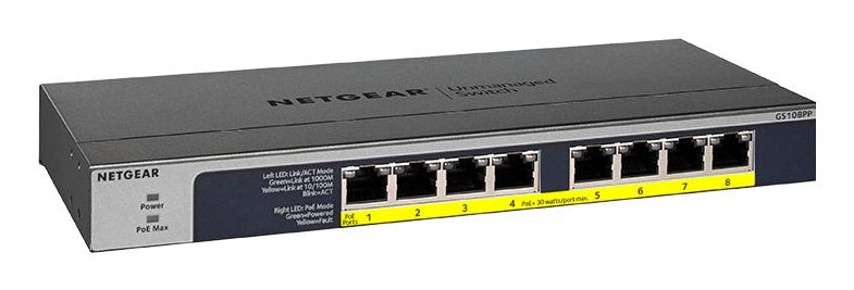 NETGEAR GS108PP – Switch – 8×GbE, PoE+ 123 W, 19" Rack