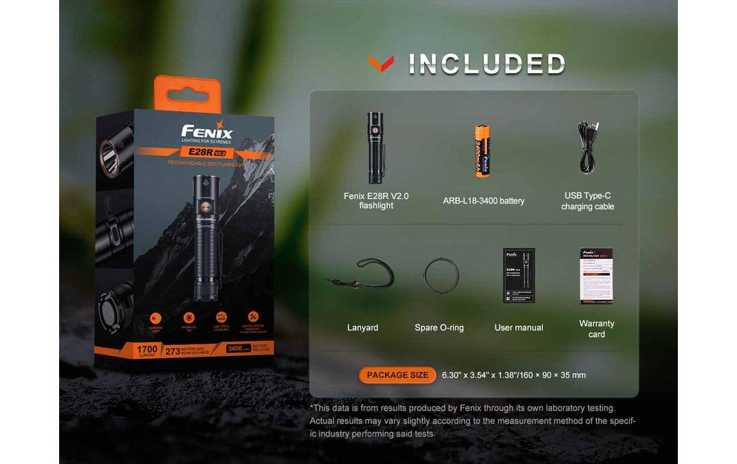 Fenix Taschenlampe E28R V2.0 – 1700 lm, 273 m, IP68, USB, 3400 mAh Akku, 7 Modi – Schwarz