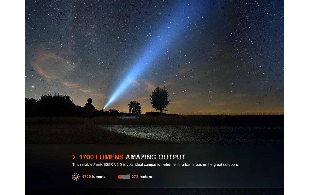 Fenix Taschenlampe E28R V2.0 – 1700 lm, 273 m, IP68, USB, 3400 mAh Akku, 7 Modi – Schwarz