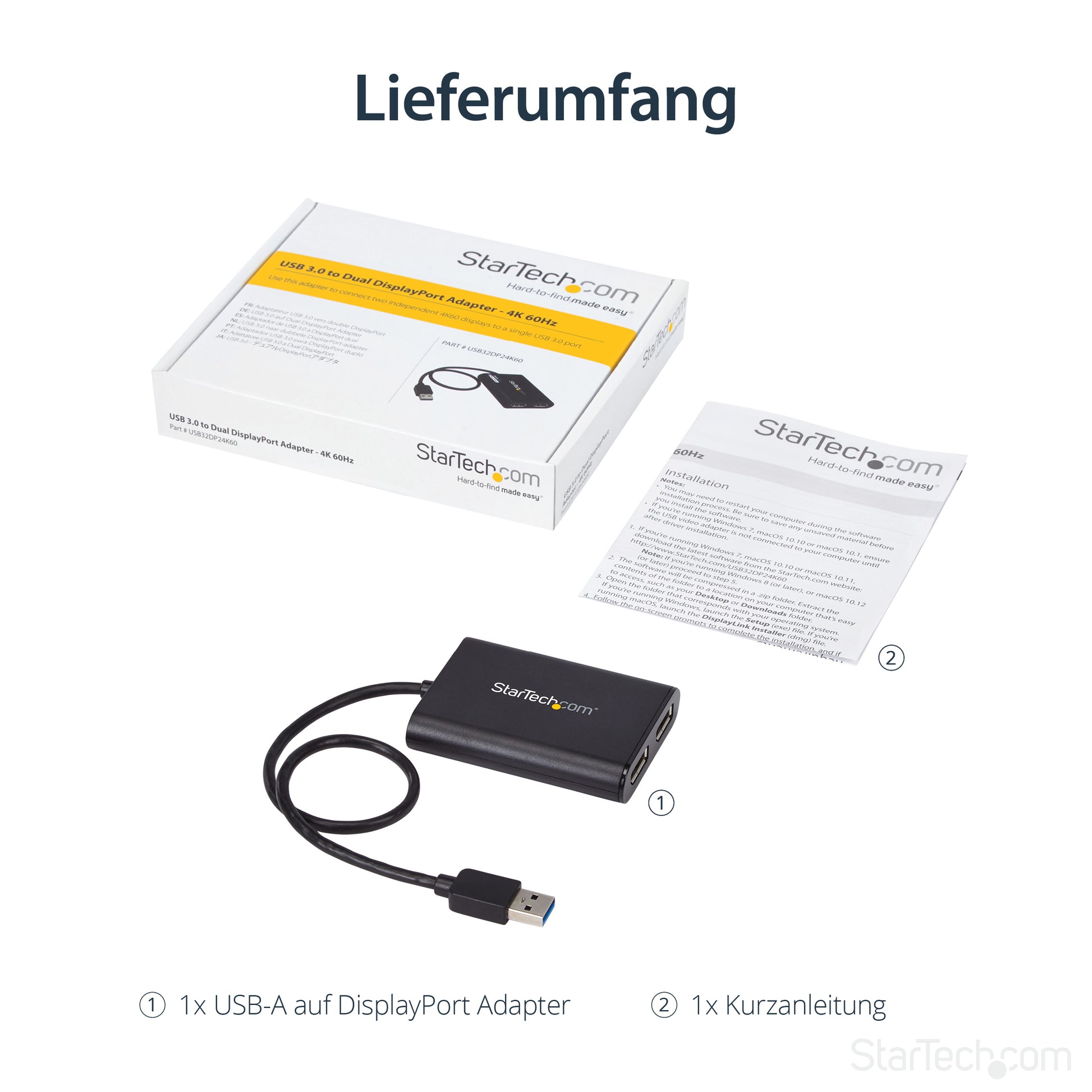 StarTech.com Multi-Monitor-Adapter USB-A zu 2× DisplayPort – 4K (4096 × 2160) @ 60 Hz, 0,3 m