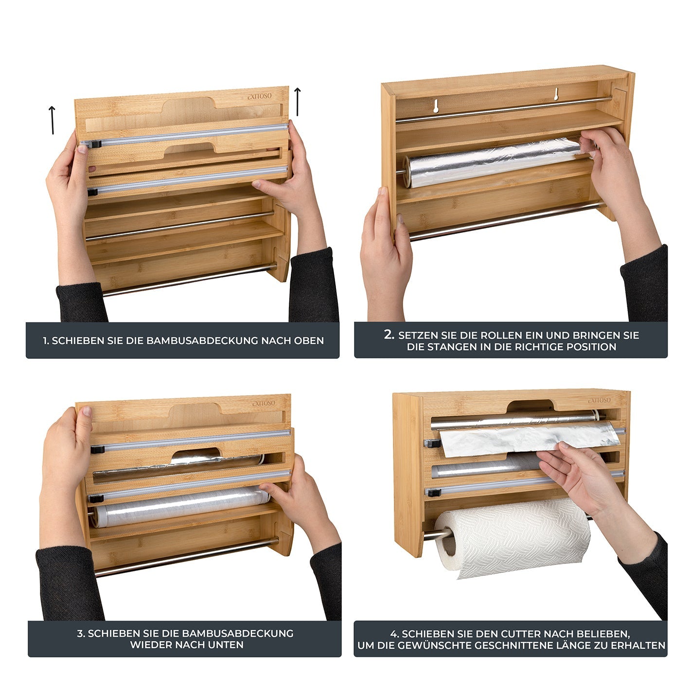 Exitoso Küchenrollenhalter, Holz, 10 × 37,3 × 24 cm, Braun, wandmontiert, für Alufolie und Plastikfolie