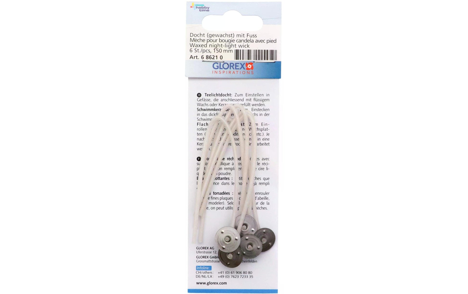 GLOREX Teelichtdocht mit Fuss, Weiss, 15 cm, 6 Stk.