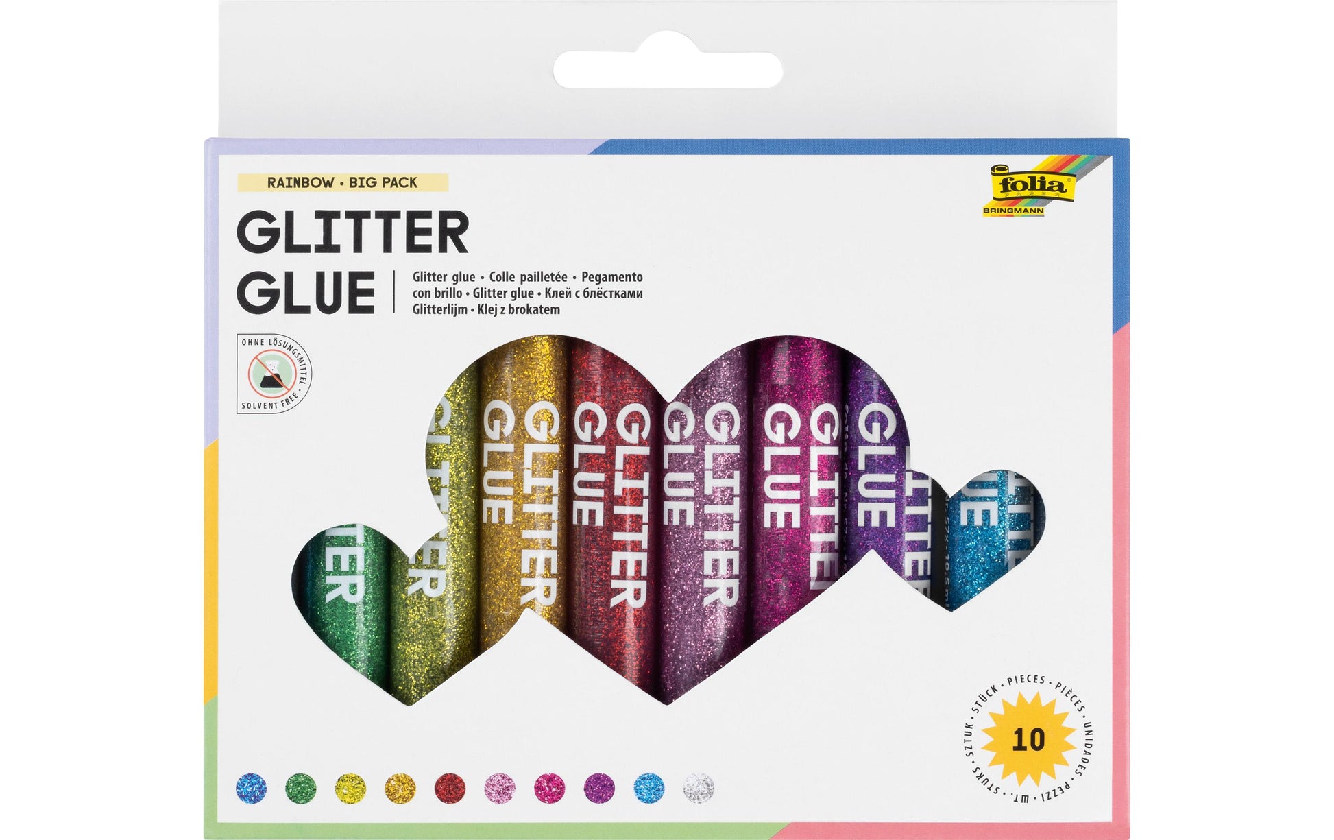 Folia Glitzerkleber – farbig sortiert – Set 10 × 9,5 ml – auswaschbar, lösungsmittelfrei