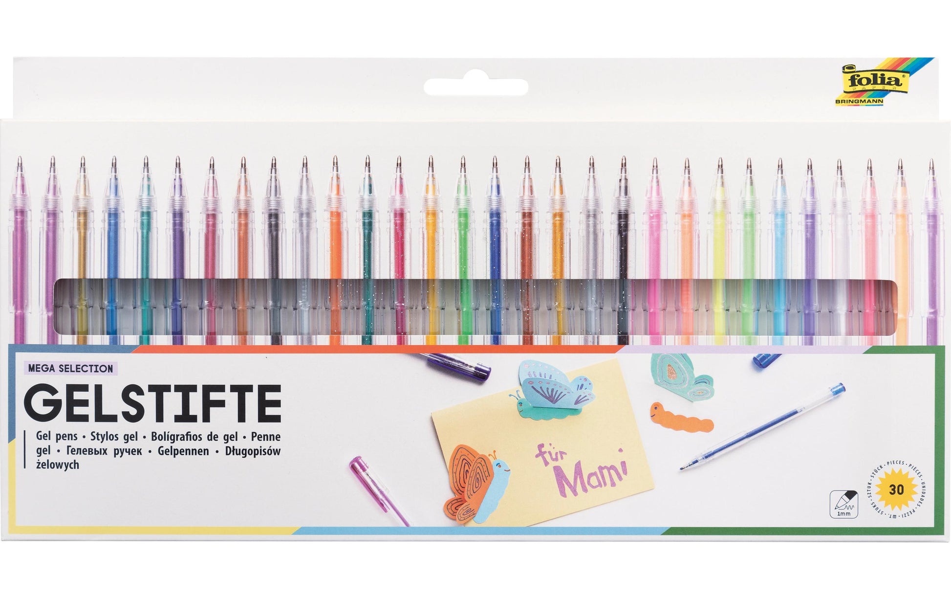 Folia Gelschreiber 30er Set – 30 Farben, 1 mm, für dunkles Papier, Kappe