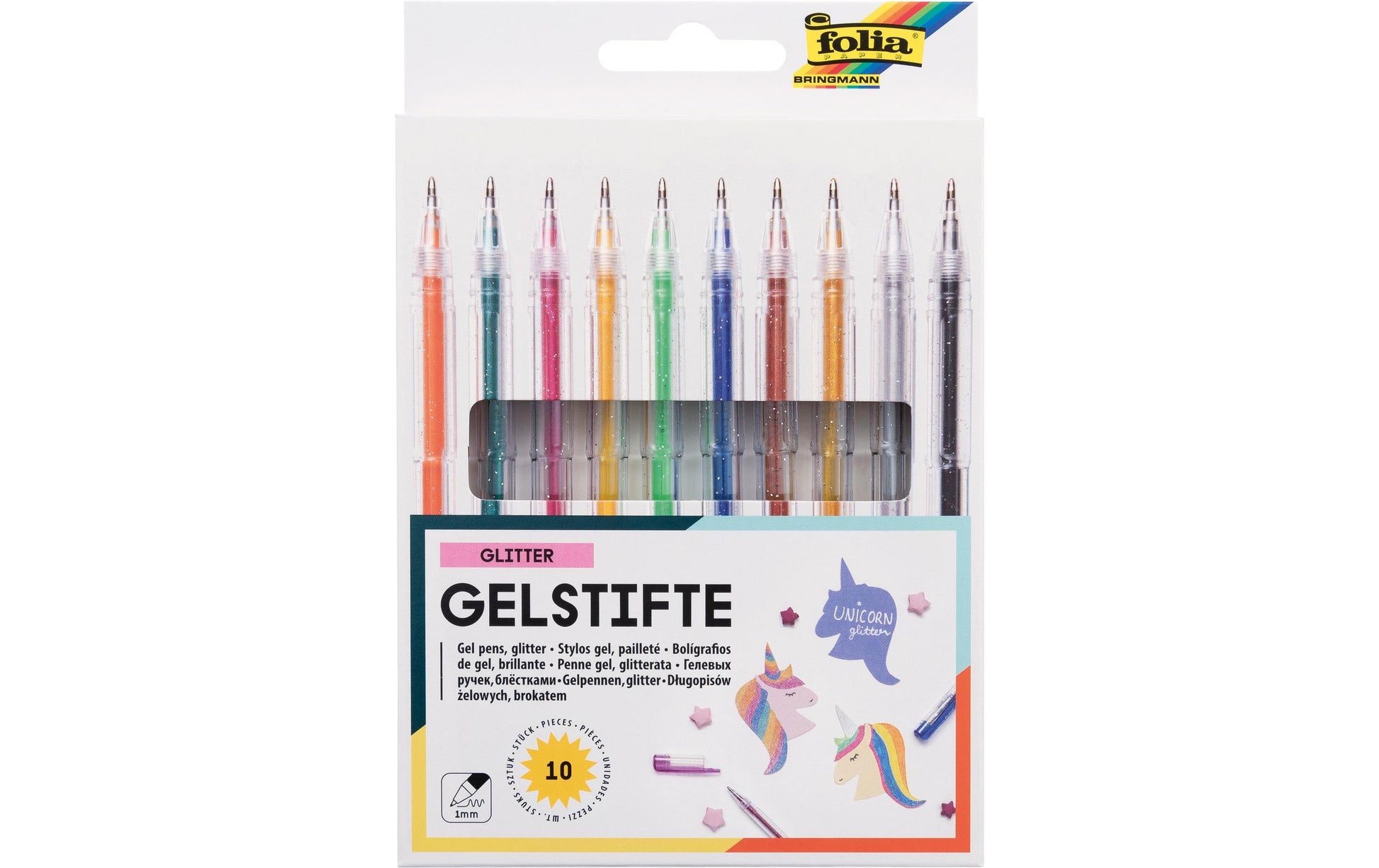 Folia Gelschreiber, Kappe – Farben sortiert, glitzernd, 10er-Set