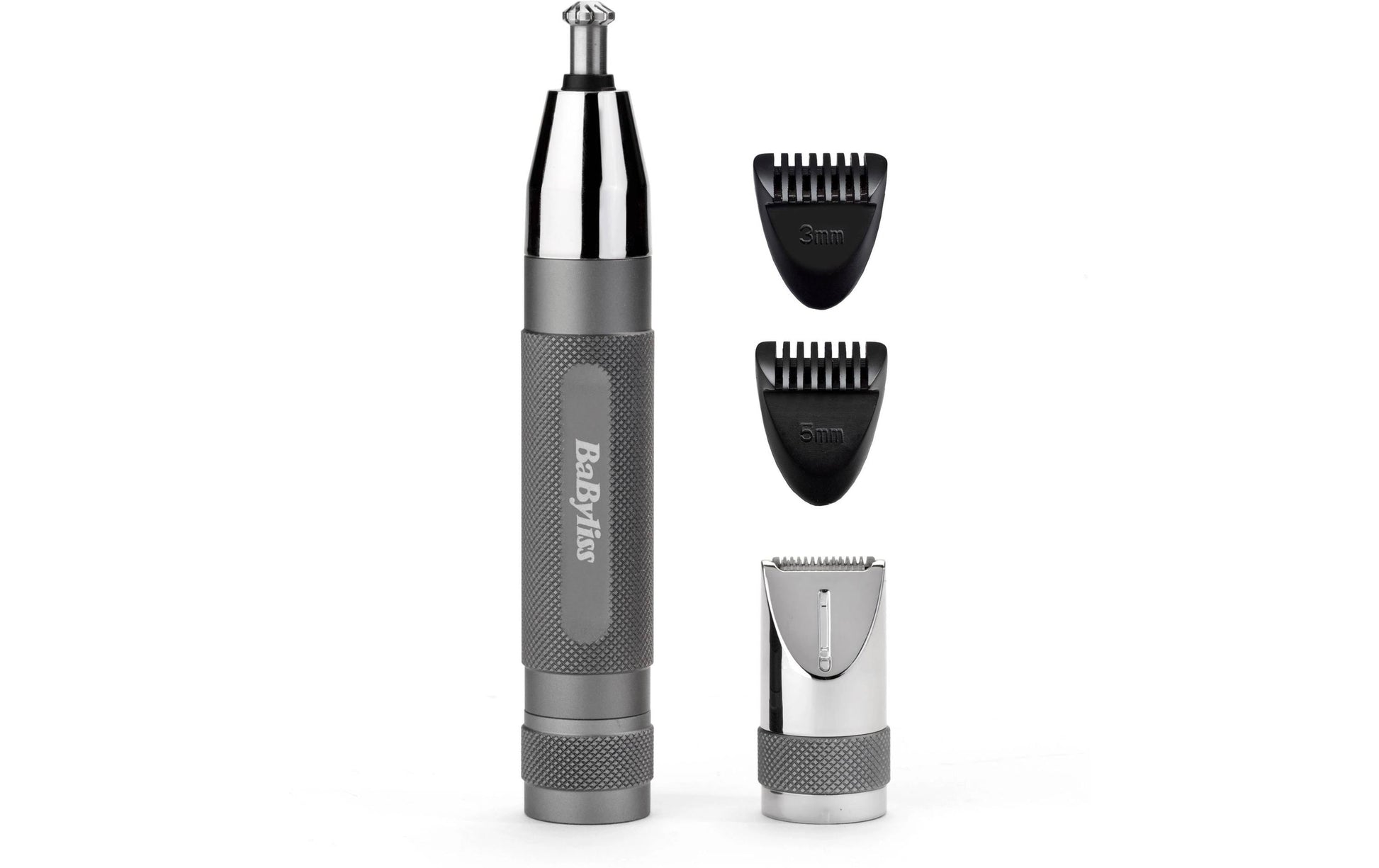 BaByliss Nasenhaarschneider E116E – batteriebetrieben, 2 Kammaufsätze – grau, Edelstahlmesser