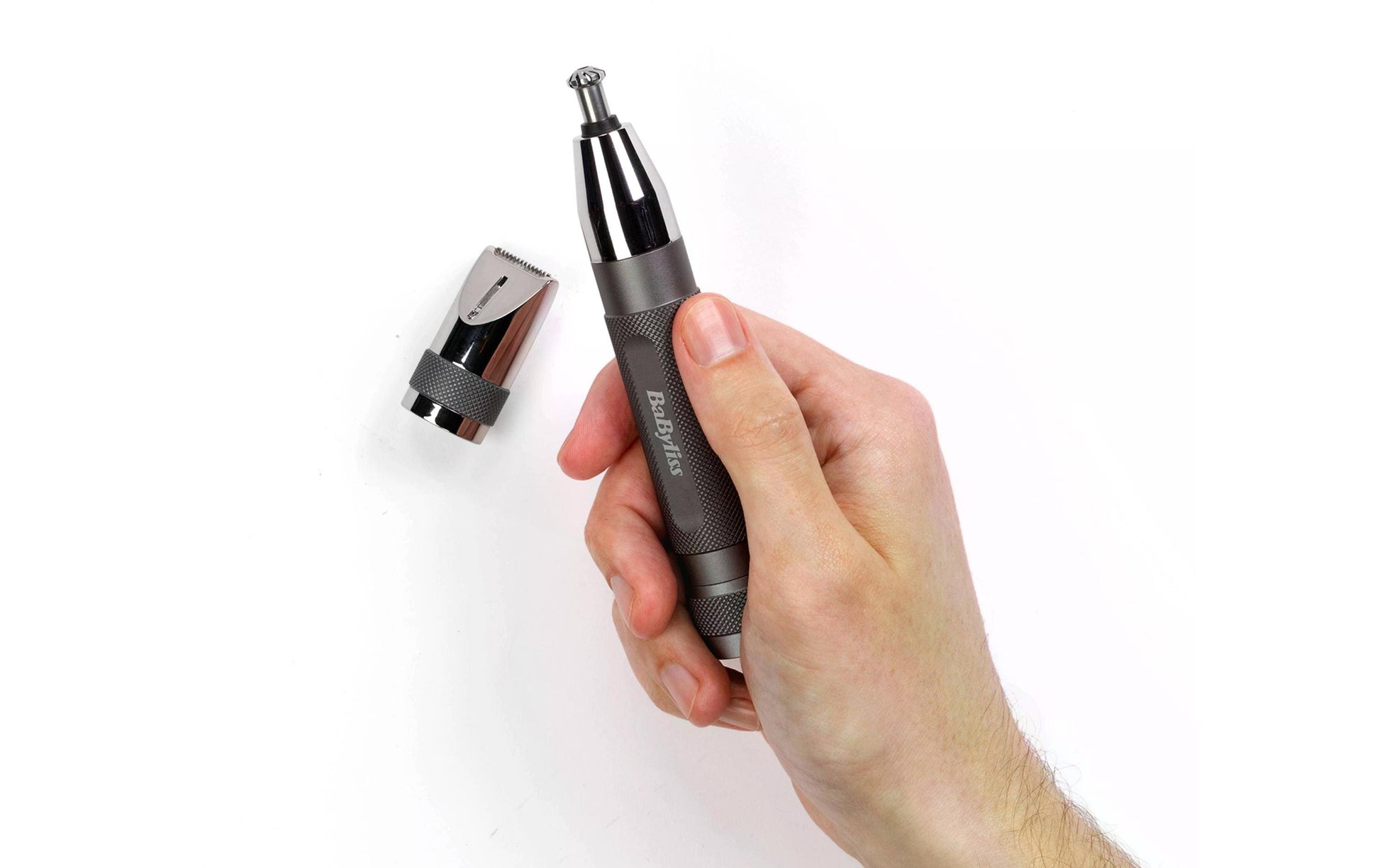 BaByliss Nasenhaarschneider E116E – batteriebetrieben, 2 Kammaufsätze – grau, Edelstahlmesser