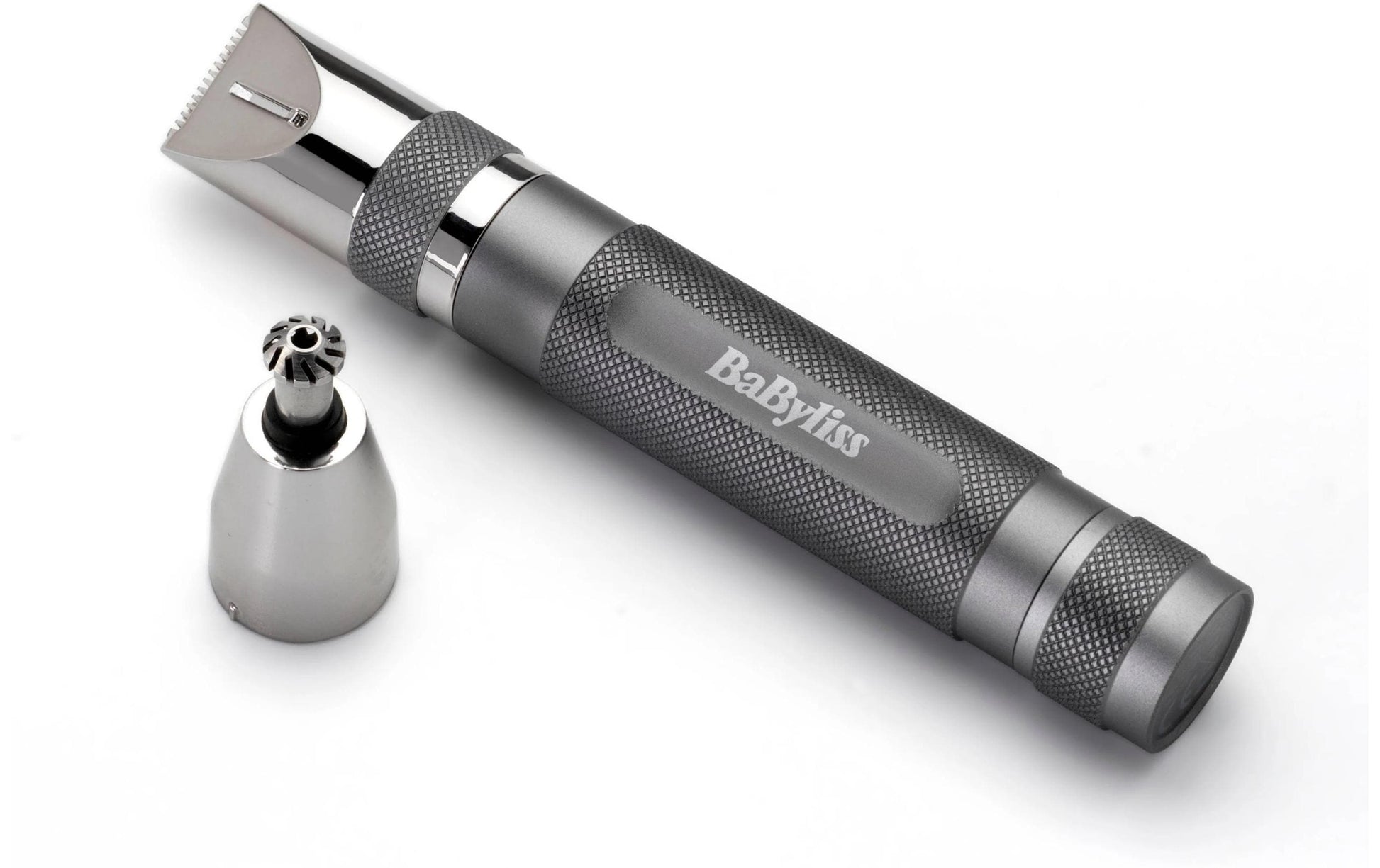 BaByliss Nasenhaarschneider E116E – batteriebetrieben, 2 Kammaufsätze – grau, Edelstahlmesser