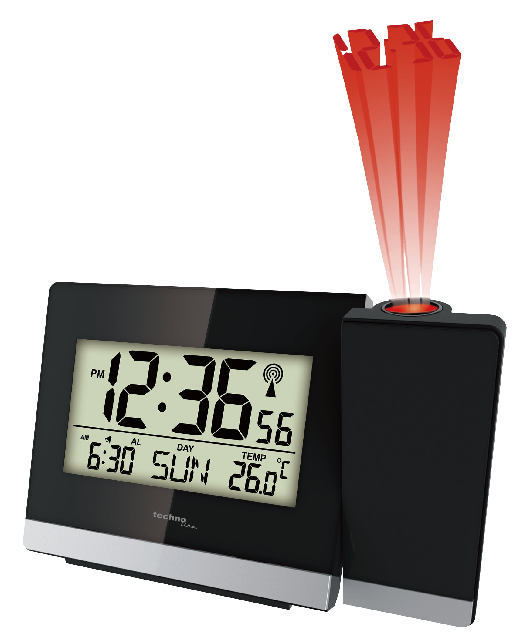 Technoline Projektionswecker – Funk, Thermometer, 14,7 × 9,2 × 4,2 cm, Schwarz