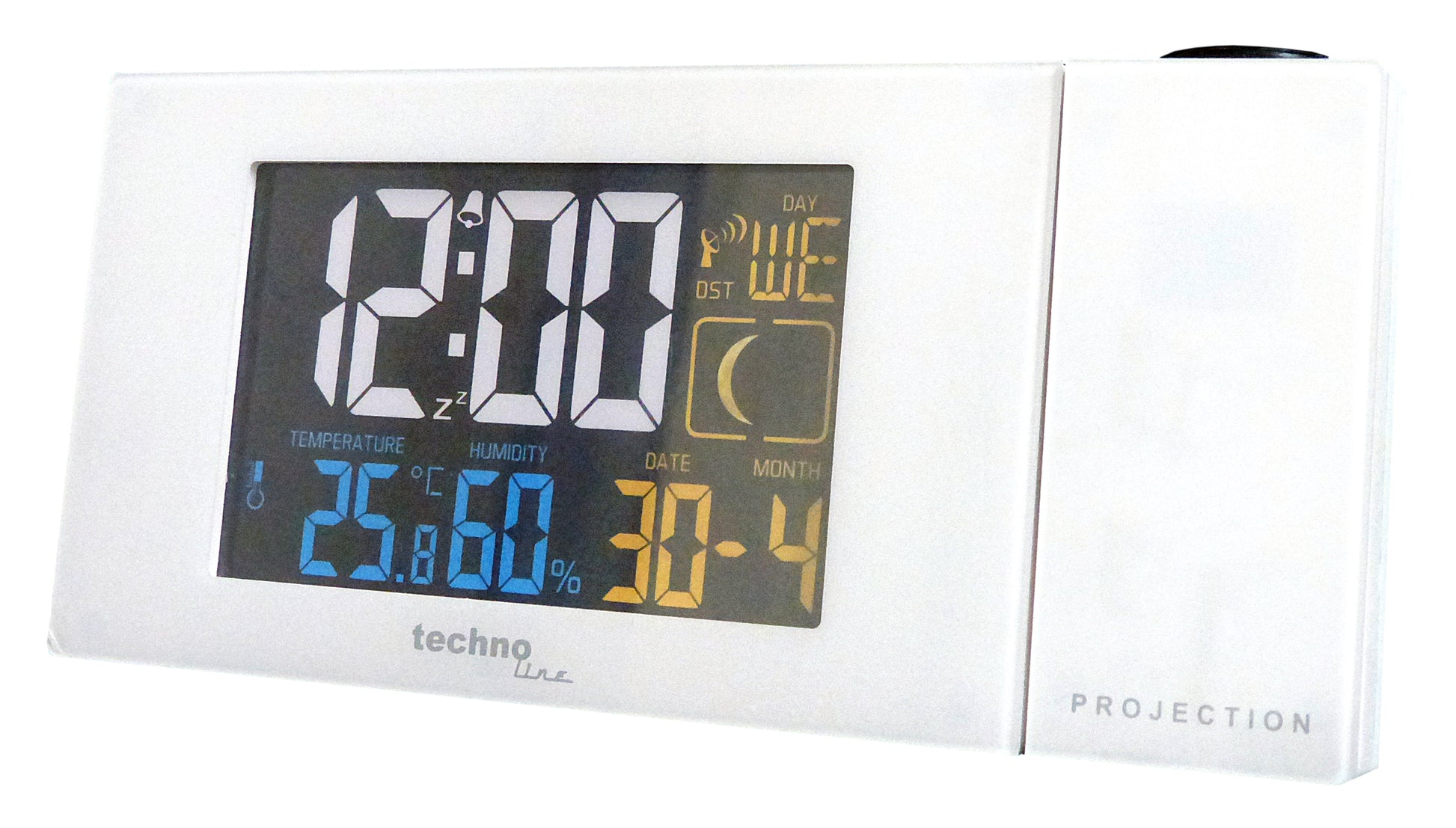 Technoline WT537 Projektionswecker – Funk, Thermometer, 16,5 × 7,5 × 5,6 cm, Weiss, Kunststoff