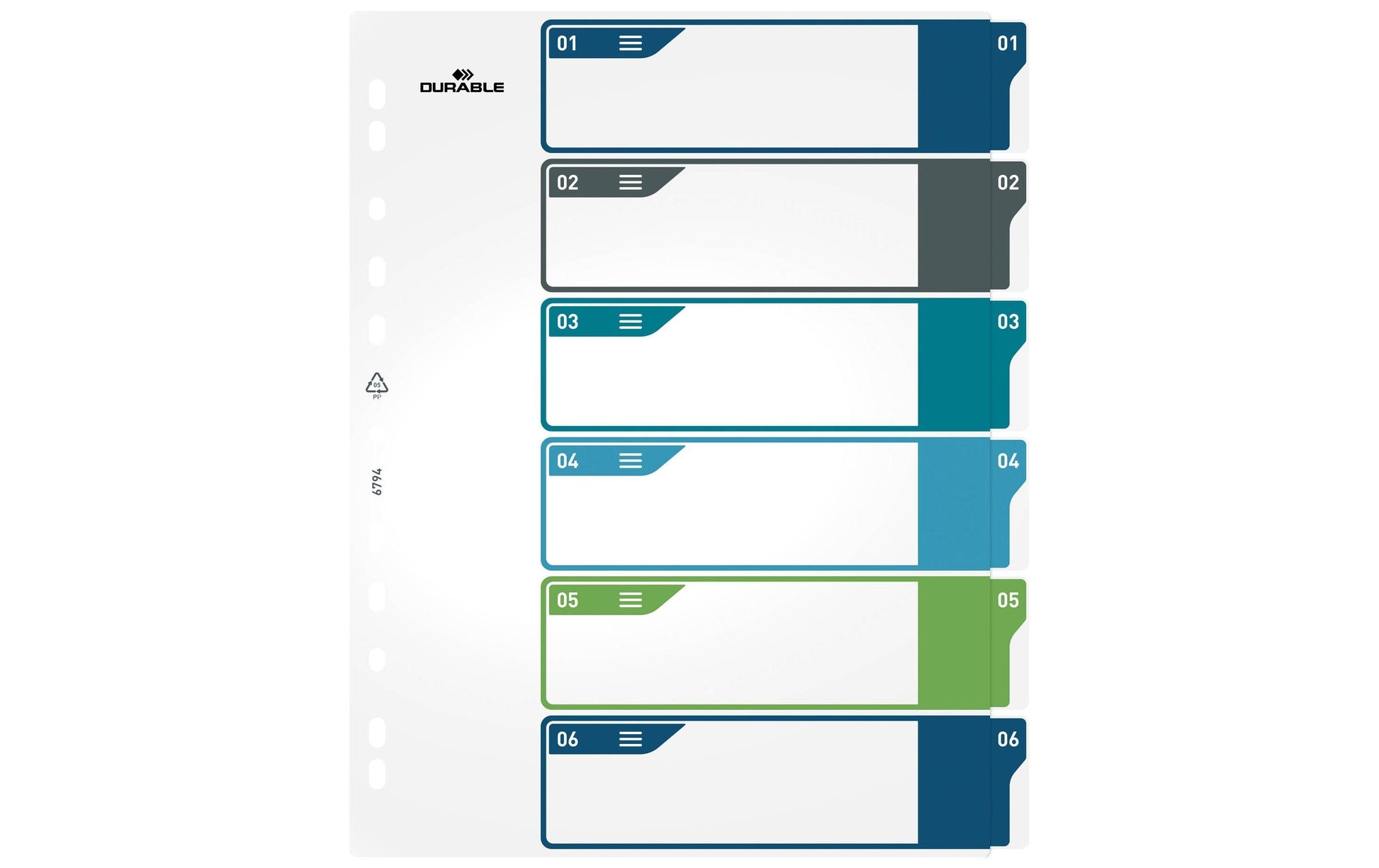 Durable Register A4+ Überbreit – Blanko 1–6, PP Mehrfarbig, Universallochung, Transparentes Frontblatt